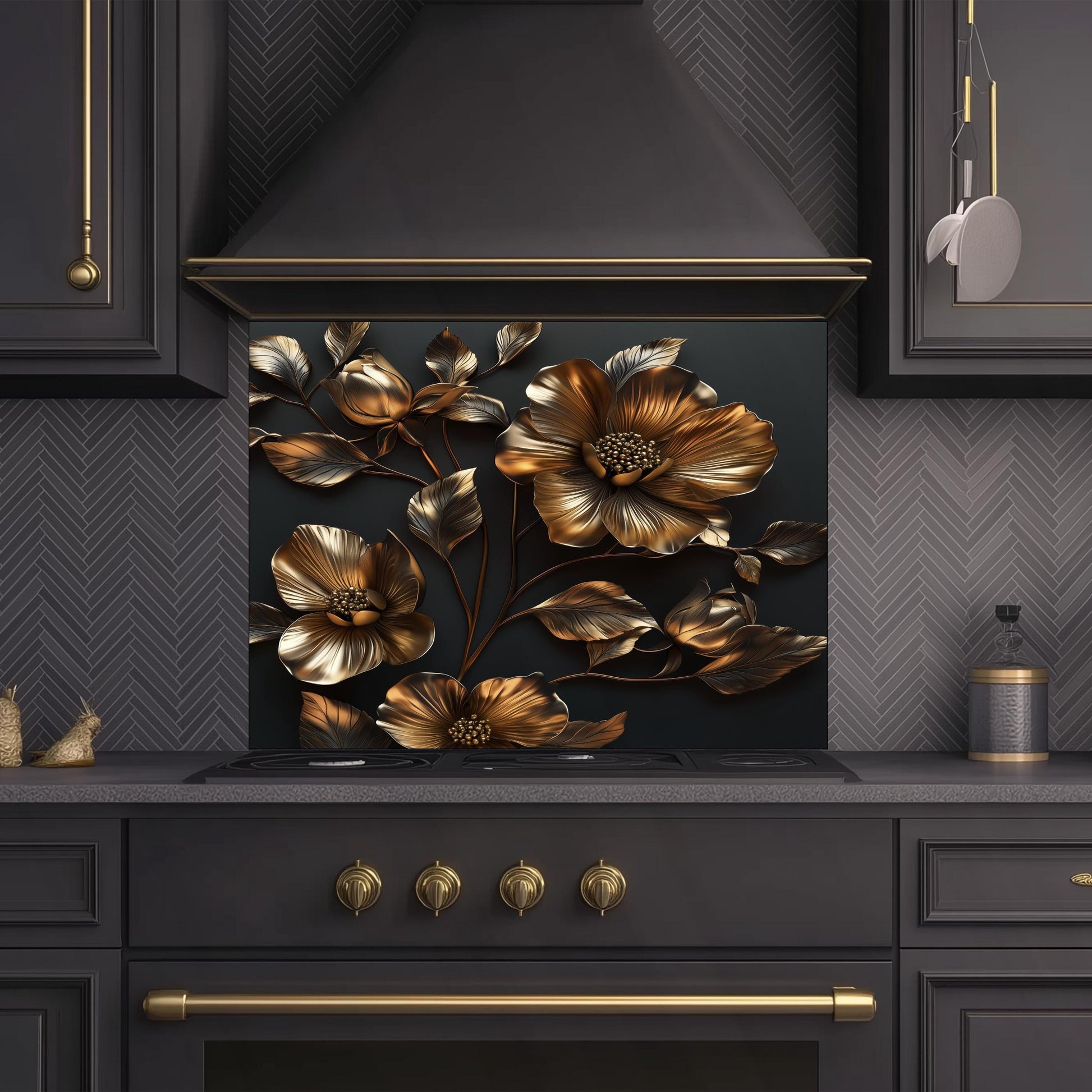 Golden Flower Tempered Glass Kitchen Backsplash: Artistic Flair