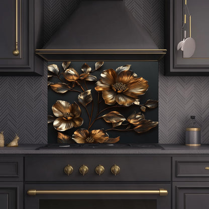 Golden Flower Tempered Glass Kitchen Backsplash: Artistic Flair