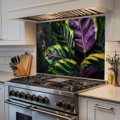 Tropical Calathea Leaf Glass Backsplash, Exotic Botanical Stove Guard, Heat Resistant Kitchen Art