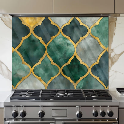 Moroccan Style Glass Backsplash, Blue Geometric Stove Guard, Heat Resistant Easy Clean Kitchen Art