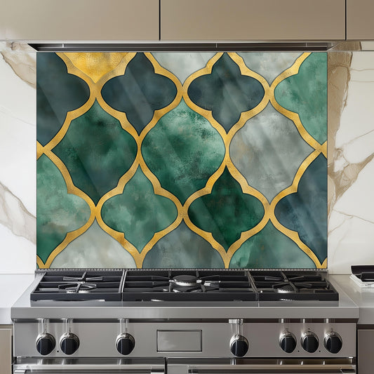 Moroccan Style Glass Backsplash, Blue Geometric Stove Guard, Heat Resistant Easy Clean Kitchen Art