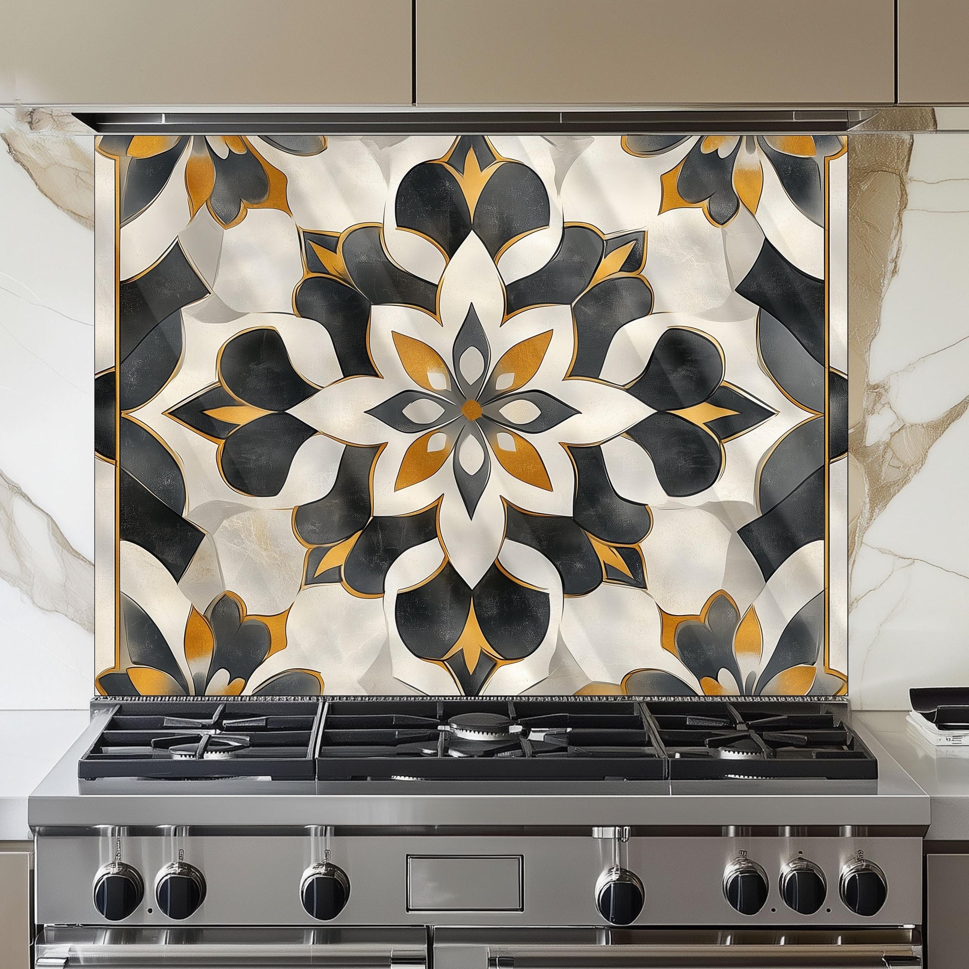 Navy & Orange Moroccan Backsplash, Heat Resistant Stove Guard, Custom Size Glass Art
