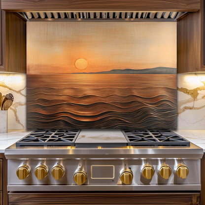 Sunset Ocean Glass Backsplash, Golden Coastal Stove Guard, Heat Resistant Easy Clean Kitchen Art