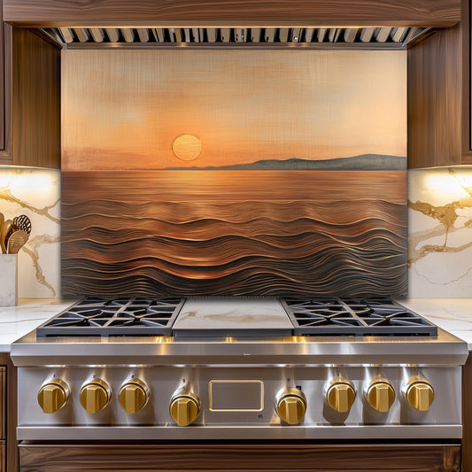 Sunset Ocean Glass Backsplash, Golden Coastal Stove Guard, Heat Resistant Easy Clean Kitchen Art