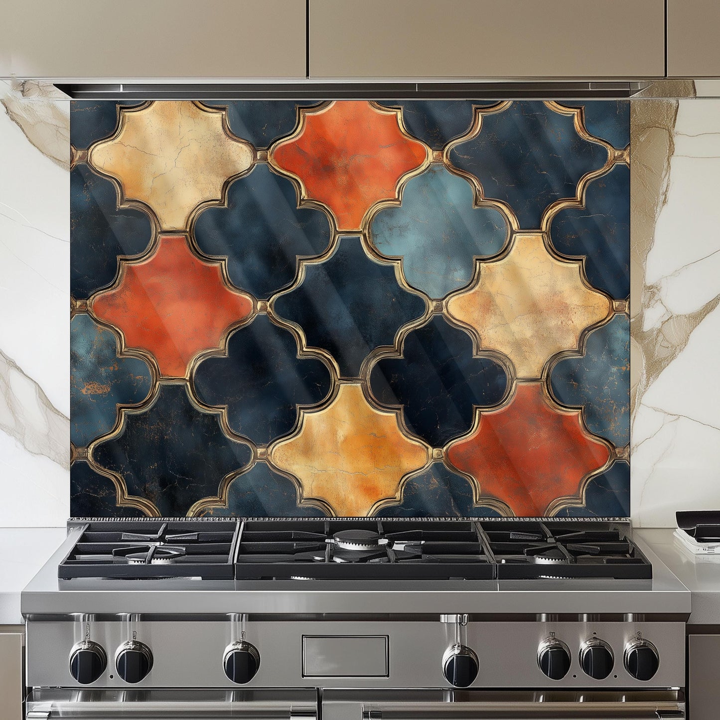 Moroccan Navy & Gold Backsplash, Heat Resistant Stove Guard, Custom Size Glass Art