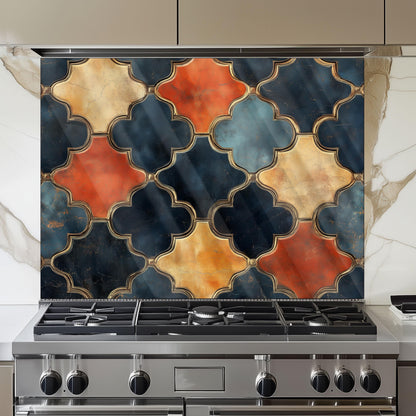 Moroccan Navy & Gold Backsplash, Heat Resistant Stove Guard, Custom Size Glass Art