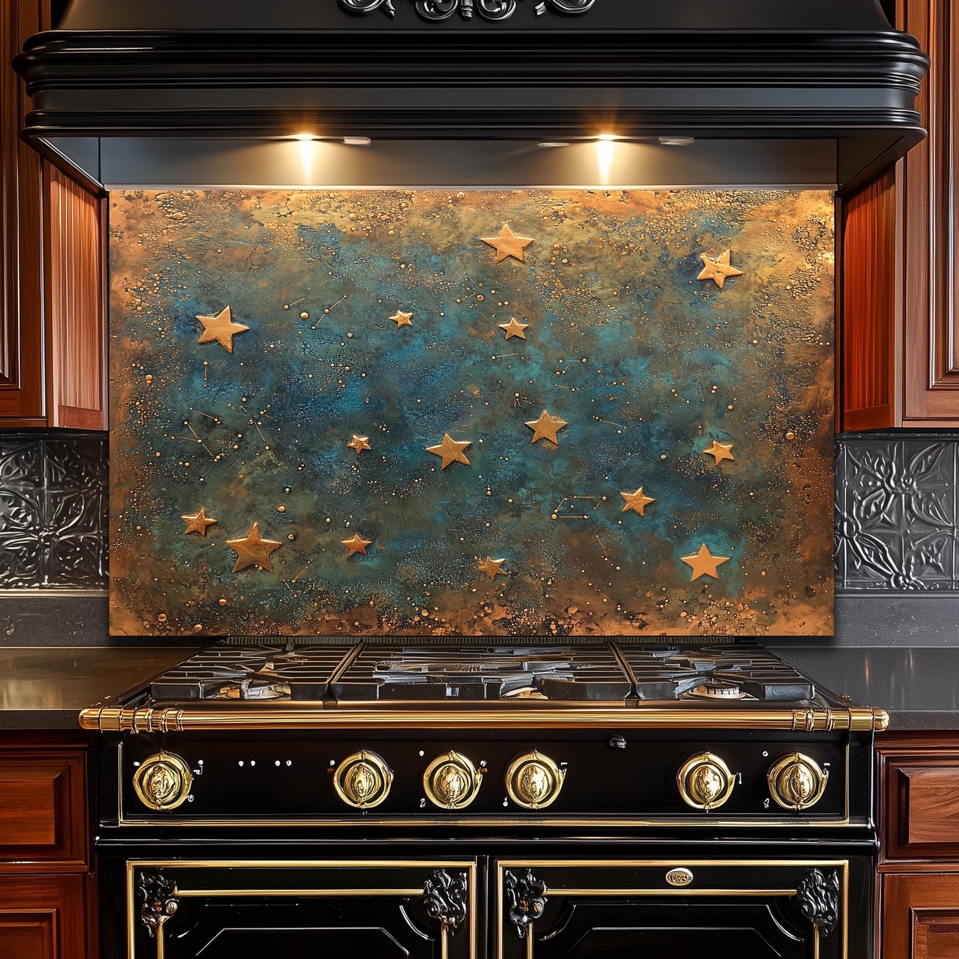 Starry Night Tempered Glass Backsplash: Rustic Kitchen Decor