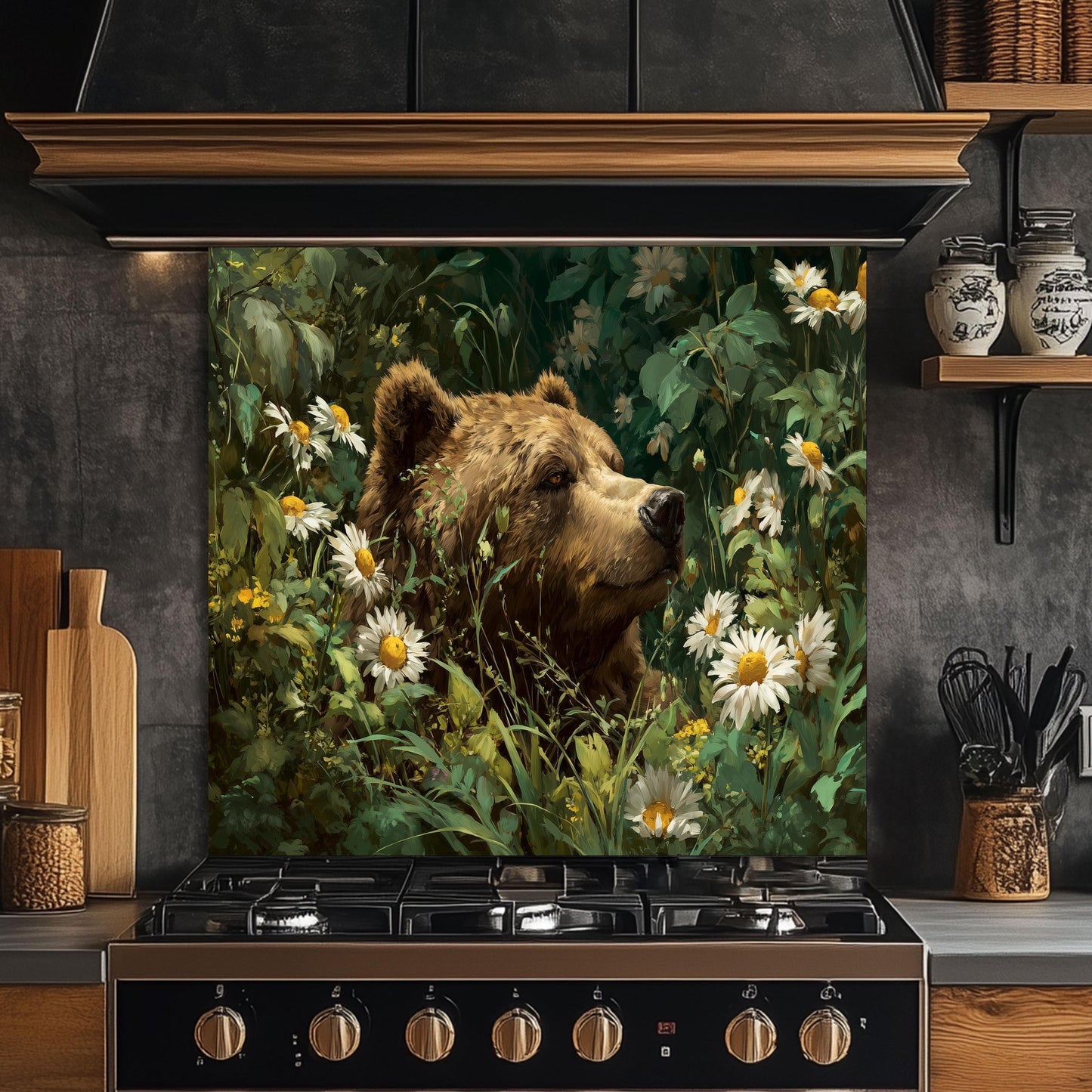 Copper Bear Kitchen Backsplash, Rustic Mountain Landscape Tempered Glass, Custom Size Design
