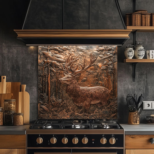 Rustic kitchen backsplash, copper deer forest design, heat-resistant tempered glass, easy clean kitchen wall protector, rustic cabin decor, stove wall protector, nature-inspired kitchen art