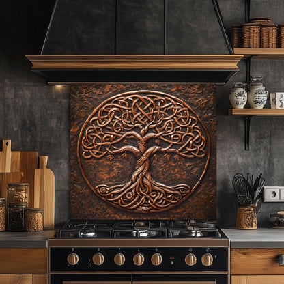 Tree of Life Tempered Glass Backsplash: Copper Embossed Kitchen Wall Art