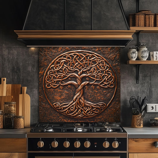 Tree of Life Tempered Glass Backsplash: Copper Embossed Kitchen Wall Art
