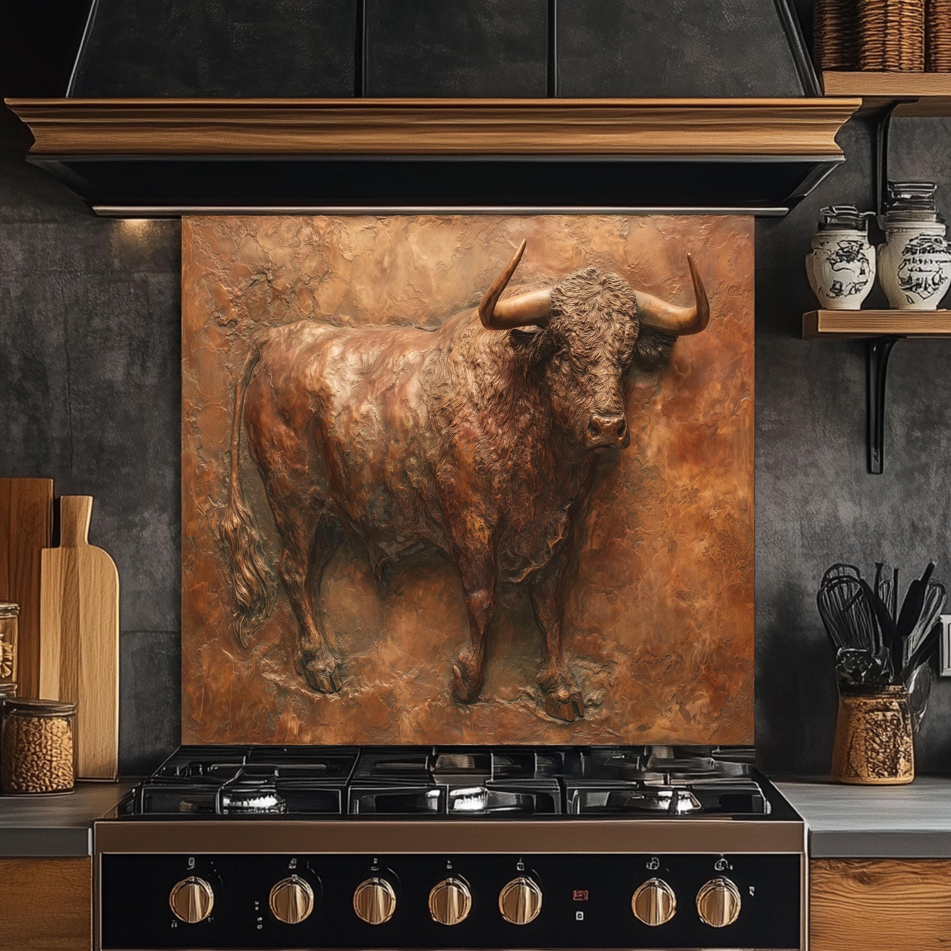 Embossed Copper Bull Tempered Glass Backsplash - Rustic Western Decor