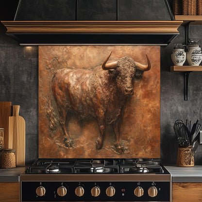 Embossed Copper Bull Tempered Glass Backsplash - Rustic Western Decor