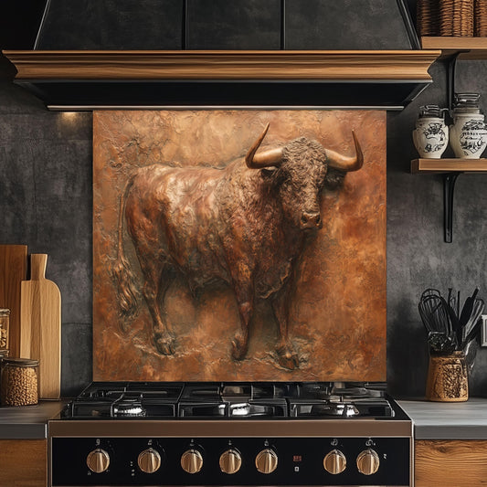 Embossed Copper Bull Tempered Glass Backsplash - Rustic Western Decor