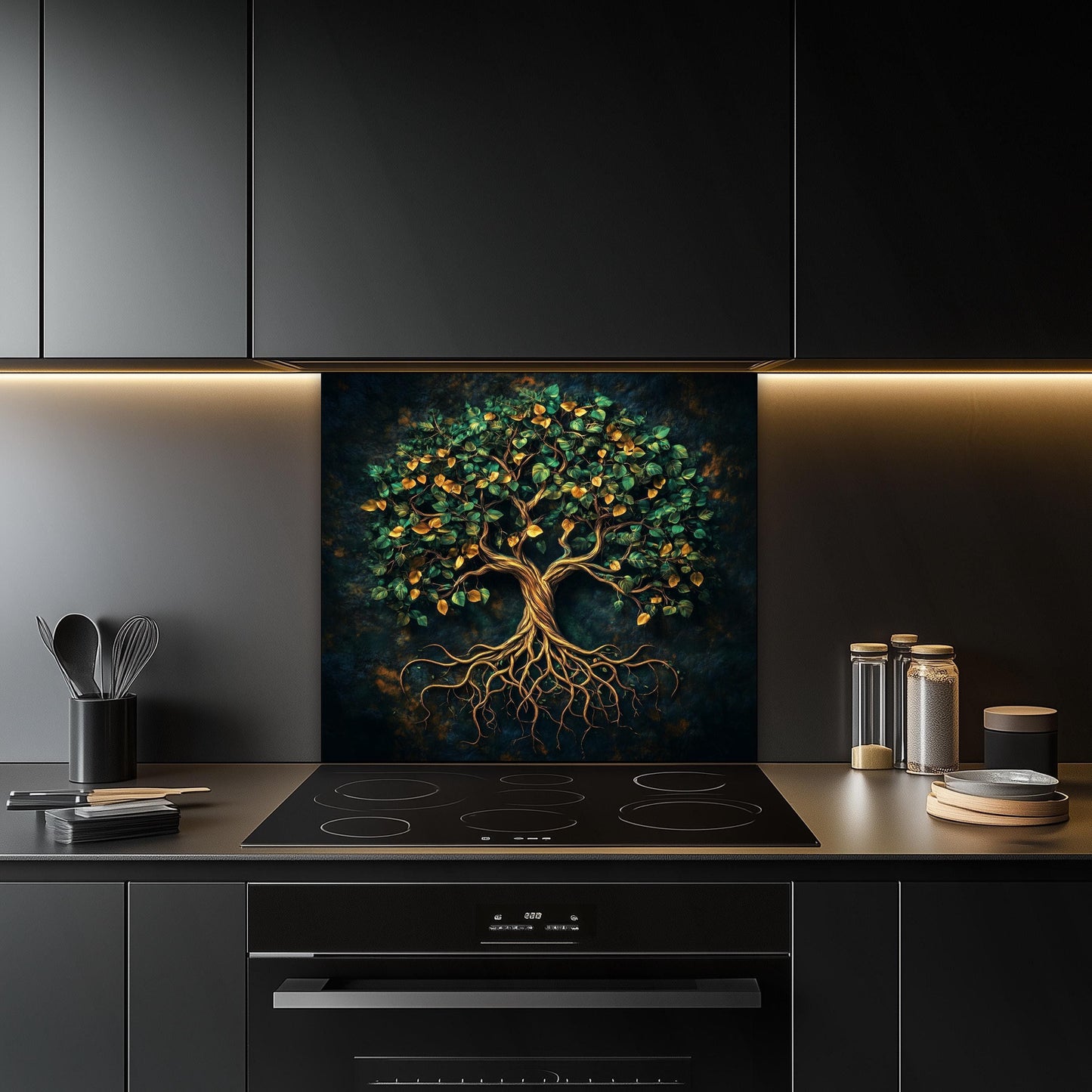 Tempered glass kitchen backsplash, elegant green tree of life design, heat-resistant splashback, easy to clean, stove wall protector, artistic kitchen decor, modern backsplash, stylish wall art