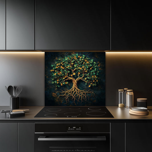 Tempered glass kitchen backsplash, elegant green tree of life design, heat-resistant splashback, easy to clean, stove wall protector, artistic kitchen decor, modern backsplash, stylish wall art
