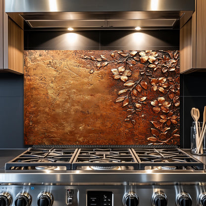 Floral Copper-Effect Tempered Glass Kitchen Backsplash: Rustic Heron Design