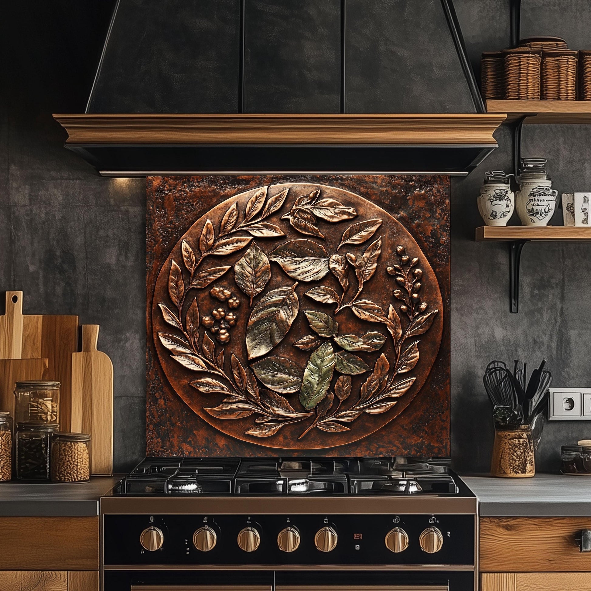 Tempered glass kitchen backsplash, copper leaf wreath design, heat-resistant splashback, easy to clean, stove wall protector, artistic kitchen decor, modern backsplash, unique wall art, rustic kitchen decor