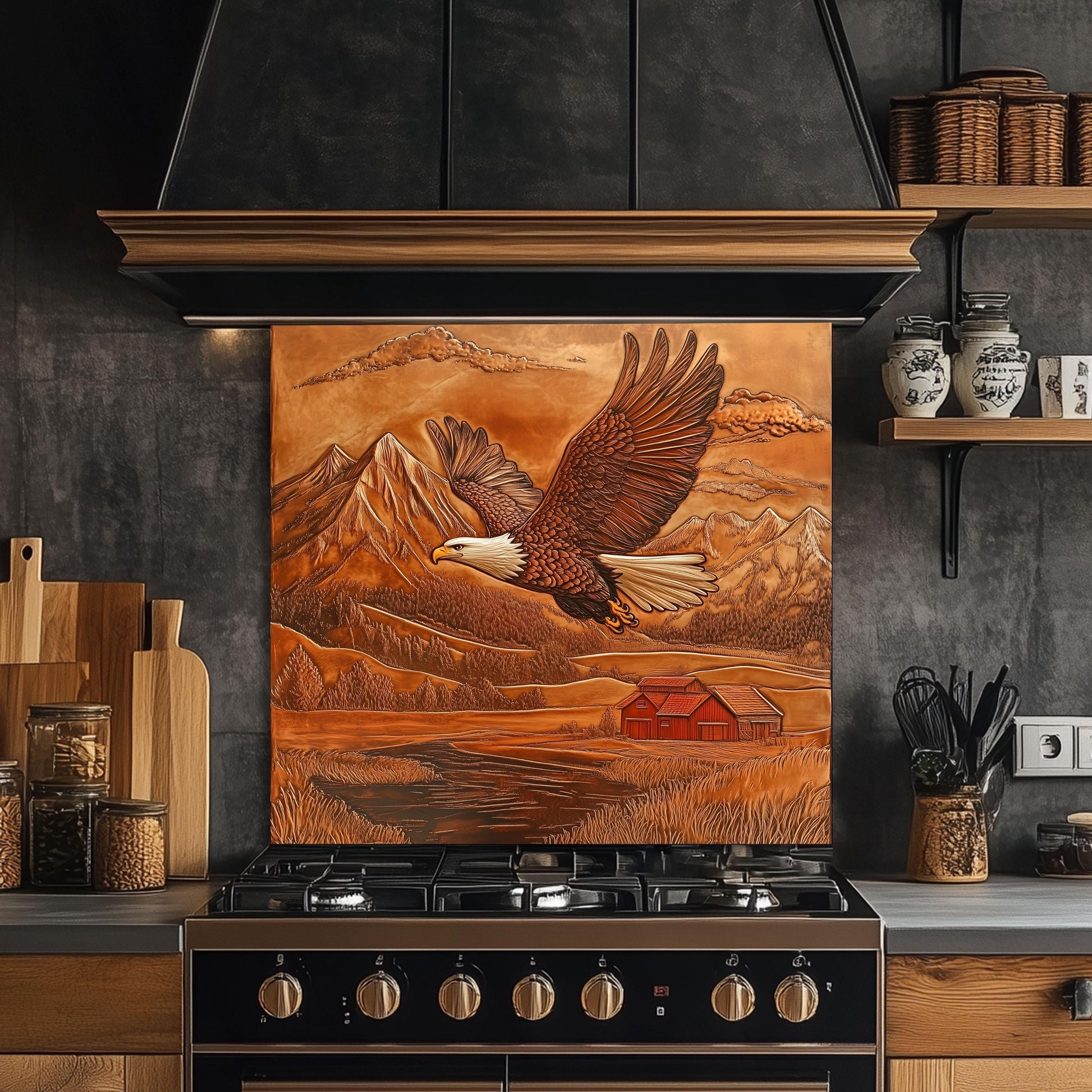 Tempered glass kitchen backsplash, eagle design kitchen decor, heat-resistant backsplash, copper-effect kitchen wall protector, rustic farmhouse decor, nature-inspired kitchen art, easy clean backsplash