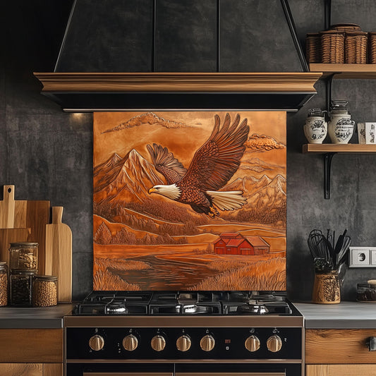 Tempered glass kitchen backsplash, eagle design kitchen decor, heat-resistant backsplash, copper-effect kitchen wall protector, rustic farmhouse decor, nature-inspired kitchen art, easy clean backsplash