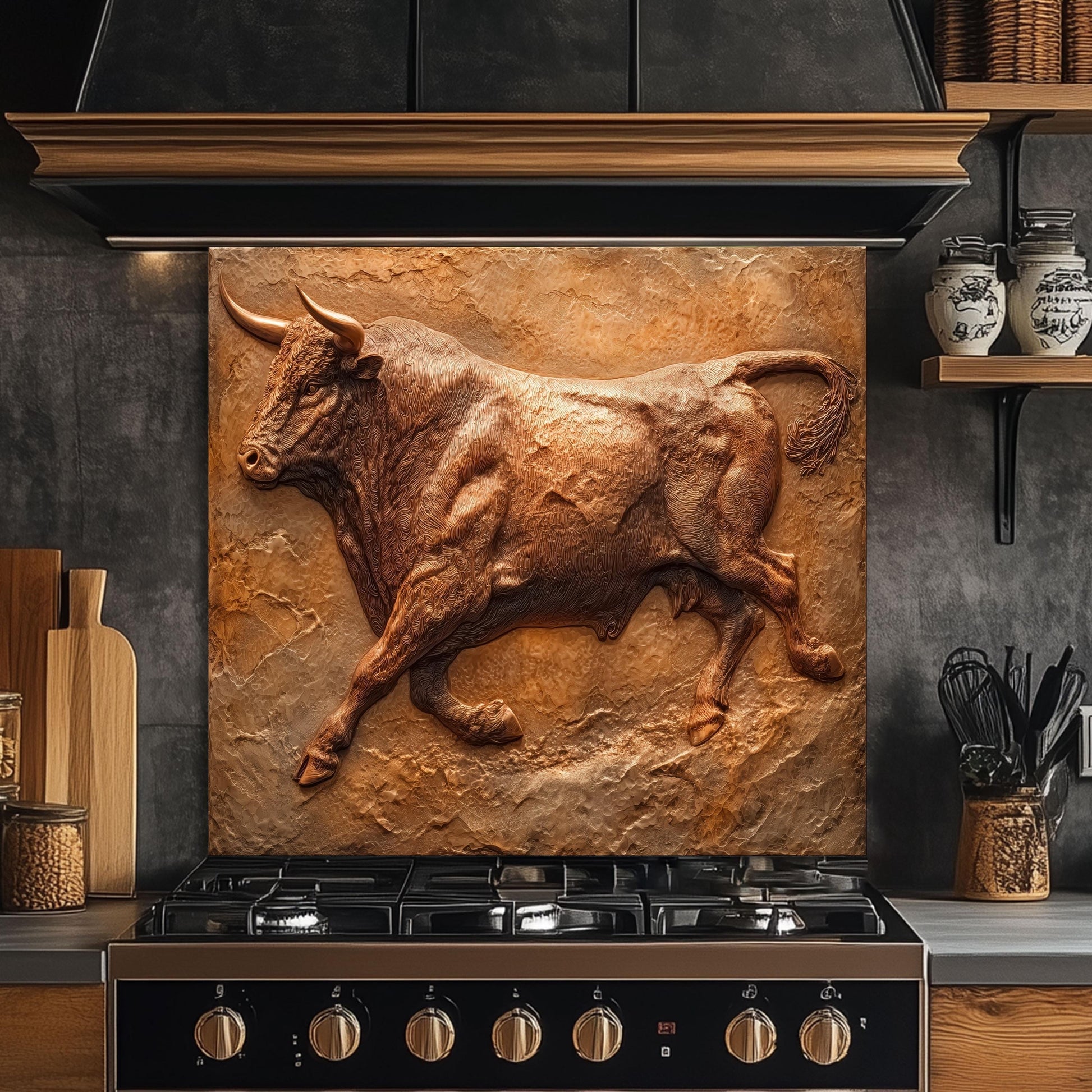 Copper Heron Tempered Glass Backsplash: Rustic Farmhouse Kitchen Wall Art