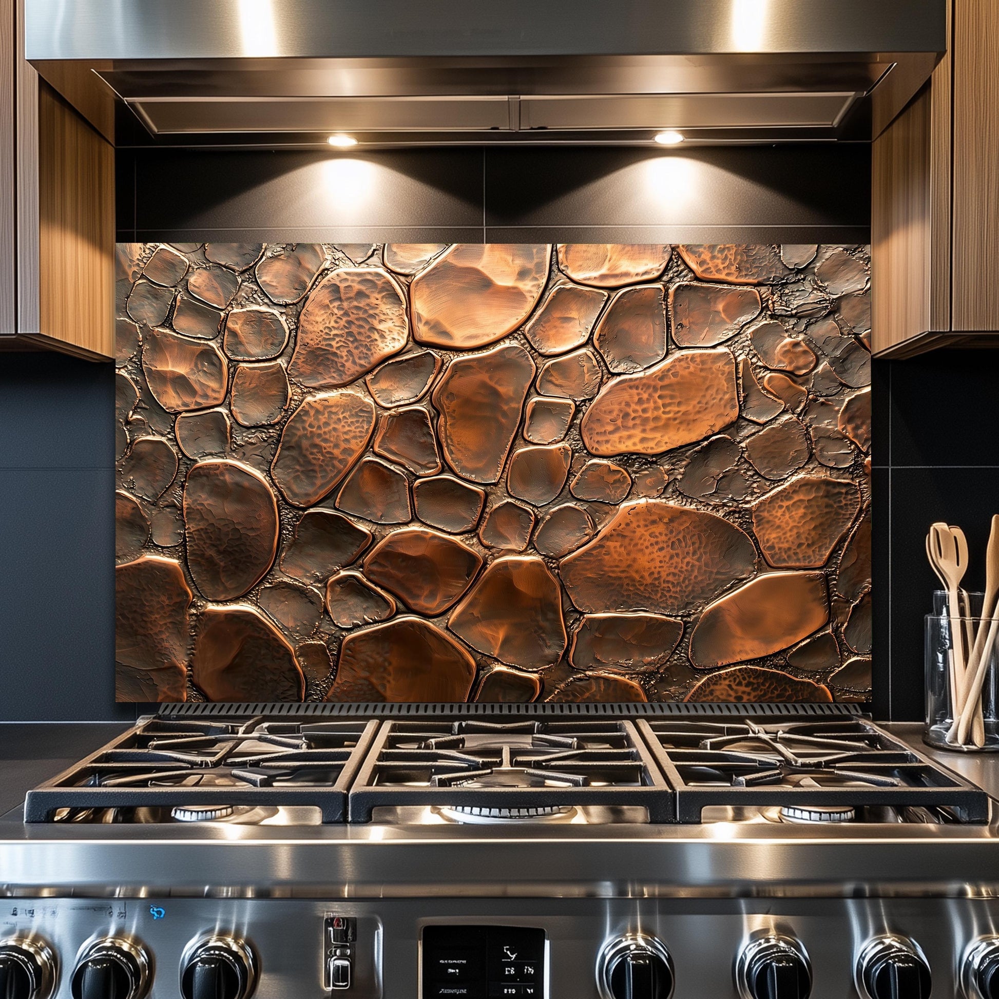 Copper Stone Kitchen Backsplash, Industrial Tempered Glass Art, Custom Size Design