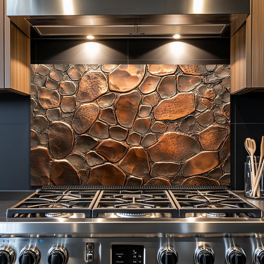 Copper Stone Kitchen Backsplash, Industrial Tempered Glass Art, Custom Size Design