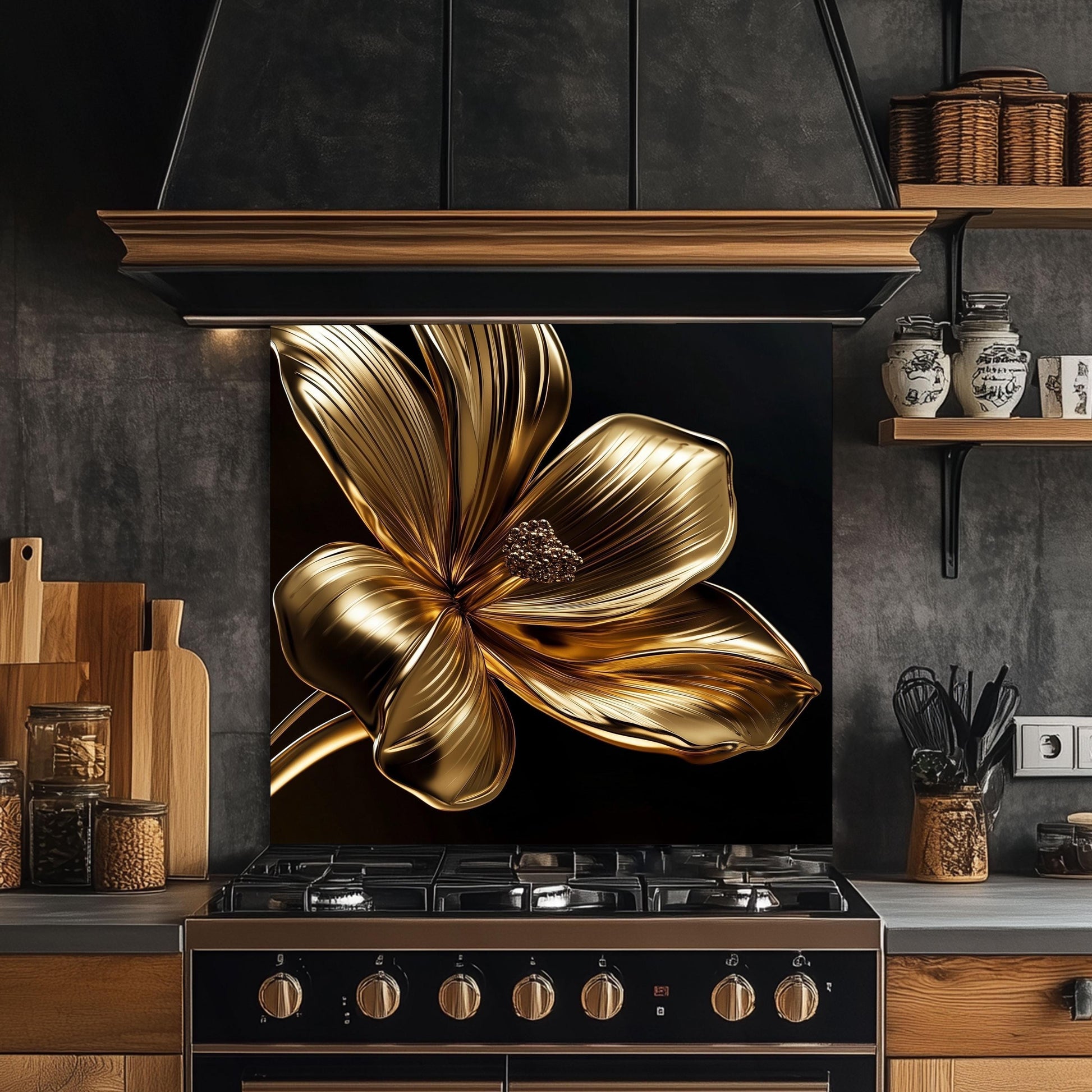 Golden Flower Tempered Glass Kitchen Backsplash: Decorative Wall Art