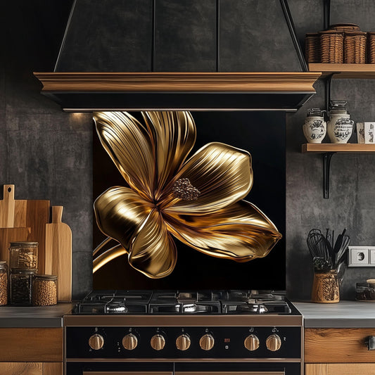 Golden Flower Tempered Glass Kitchen Backsplash: Decorative Wall Art