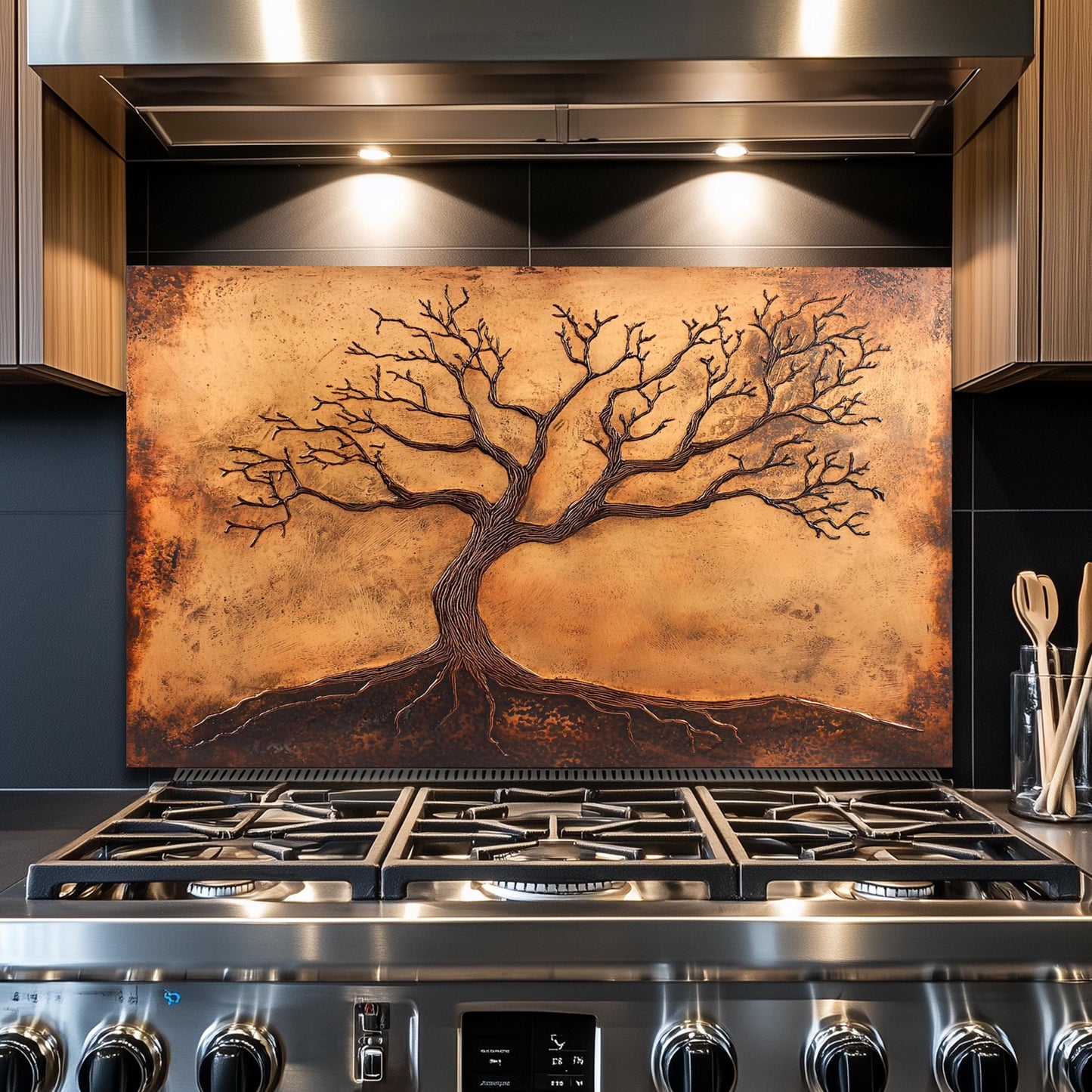 Copper Tree of Life Glass Backsplash, Rustic Metal Stove Guard, Heat Resistant Kitchen Art