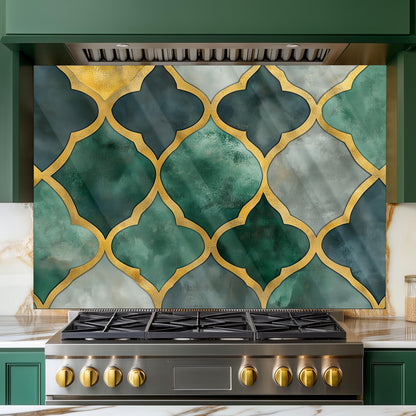 Moroccan Style Glass Backsplash, Blue Geometric Stove Guard, Heat Resistant Easy Clean Kitchen Art