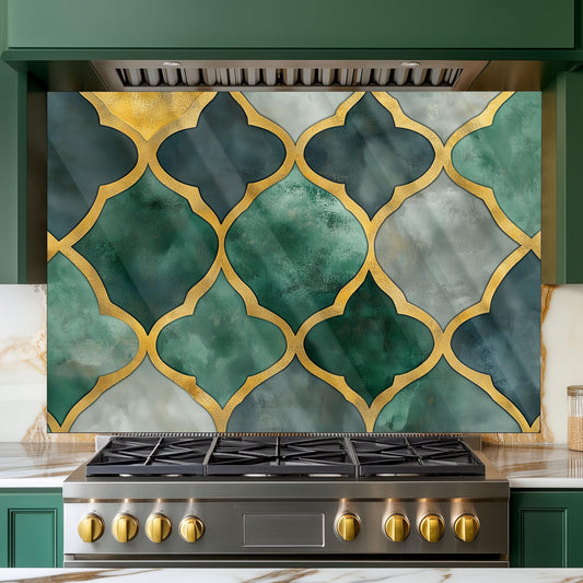 Moroccan Style Glass Backsplash, Blue Geometric Stove Guard, Heat Resistant Easy Clean Kitchen Art