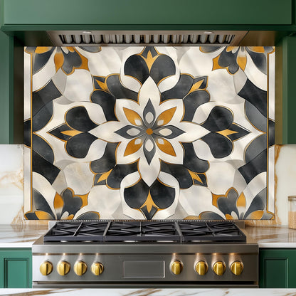 Navy & Orange Moroccan Backsplash, Heat Resistant Stove Guard, Custom Size Glass Art