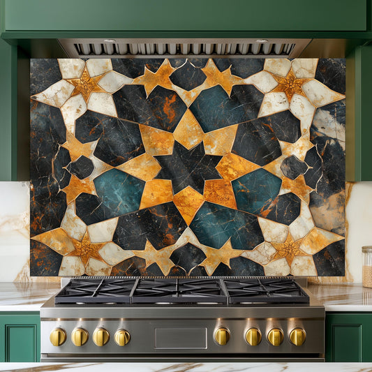 Moroccan Tile Glass Backsplash, Geometric Floral Stove Guard, Heat Resistant Easy Clean Kitchen Art
