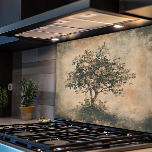Floral tree of life backsplash, tempered glass panel, kitchen wall art, heat-resistant splashback, easy to clean wall protector, modern kitchen accent, artistic backsplash, stove protector, elegant design