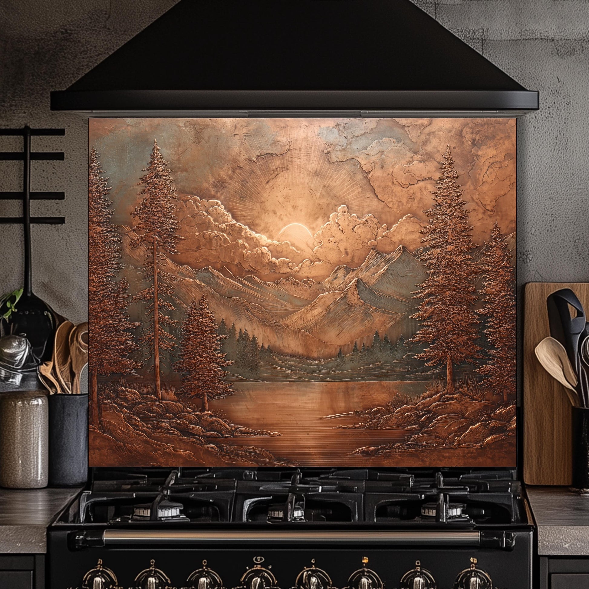 Tempered Glass Mountain Lake Backsplash: Copper-Look Rustic Kitchen Decor