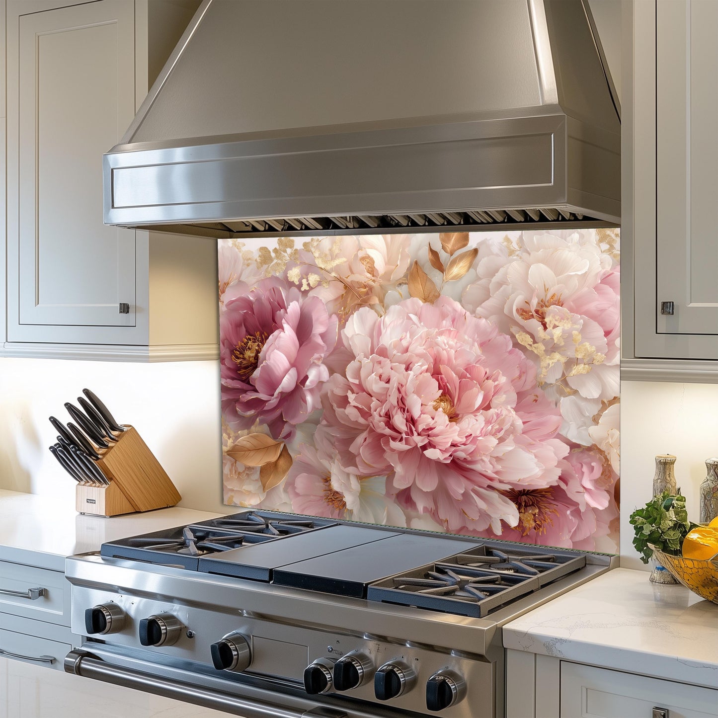 Pink Peony Tempered Glass Kitchen Backsplash: Gold Accent Floral Stove Panel
