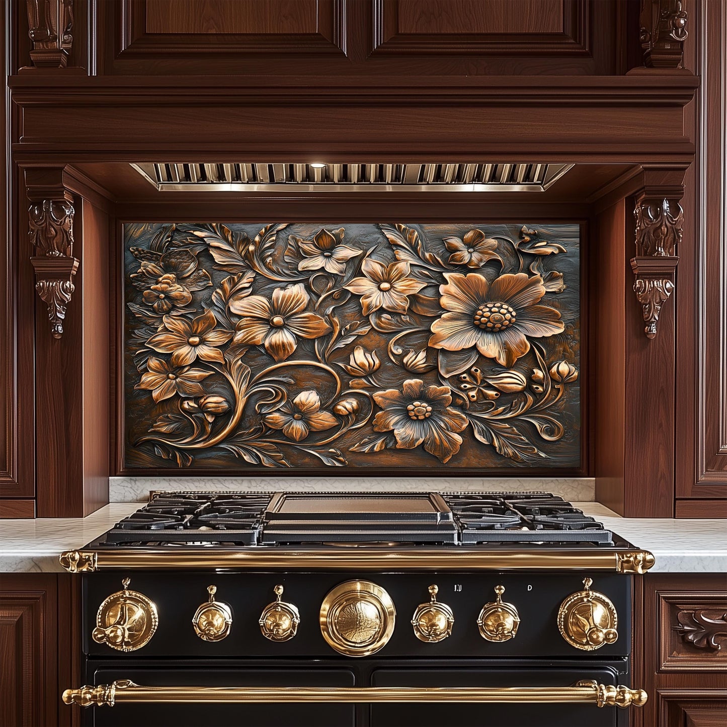 Ornate Floral Tempered Glass Backsplash: Rustic Kitchen Decor