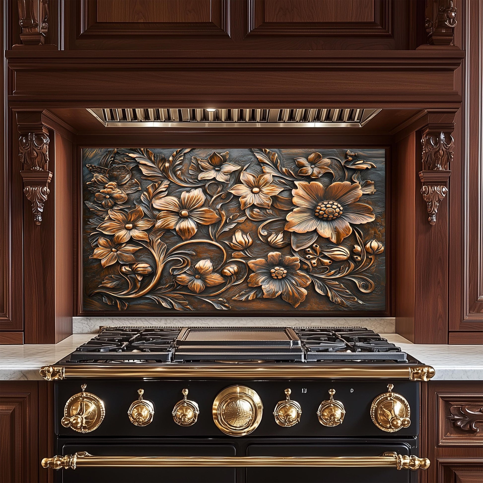 Ornate Floral Tempered Glass Backsplash: Rustic Kitchen Decor