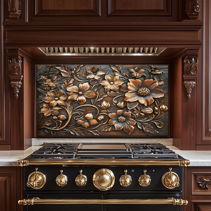 Ornate Floral Tempered Glass Backsplash: Rustic Kitchen Decor