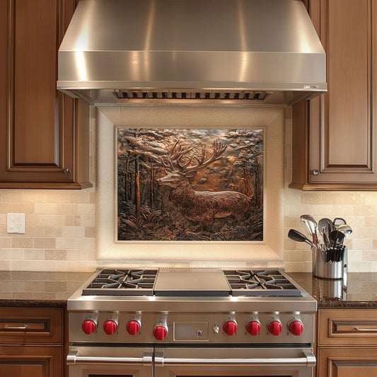 Tempered glass backsplash, majestic deer design, heat-resistant kitchen backsplash, rustic copper effect wall protector, easy clean kitchen wall protector, cabin-style kitchen art, stove backsplash protector