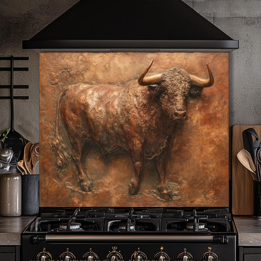 Embossed Copper Bull Tempered Glass Backsplash - Rustic Western Decor