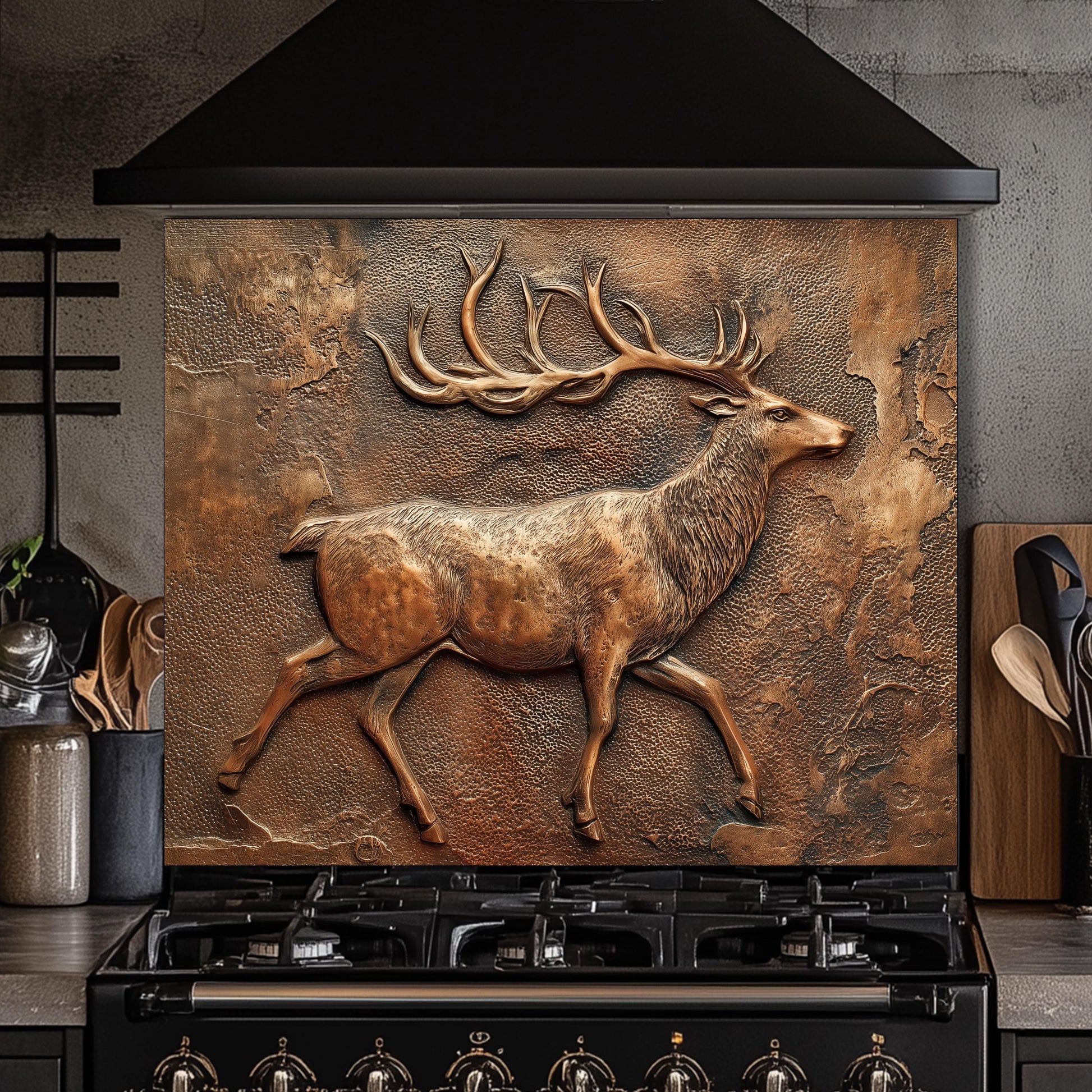 Rustic Deer Backsplash: Embossed Copper Stag Tempered Glass Stove Panel
