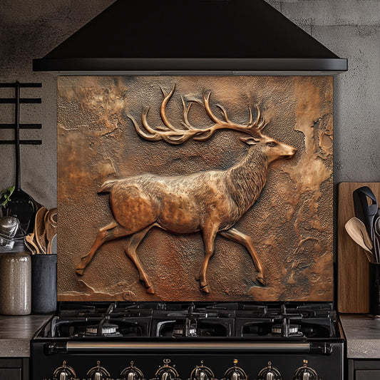 Rustic Deer Backsplash: Embossed Copper Stag Tempered Glass Stove Panel