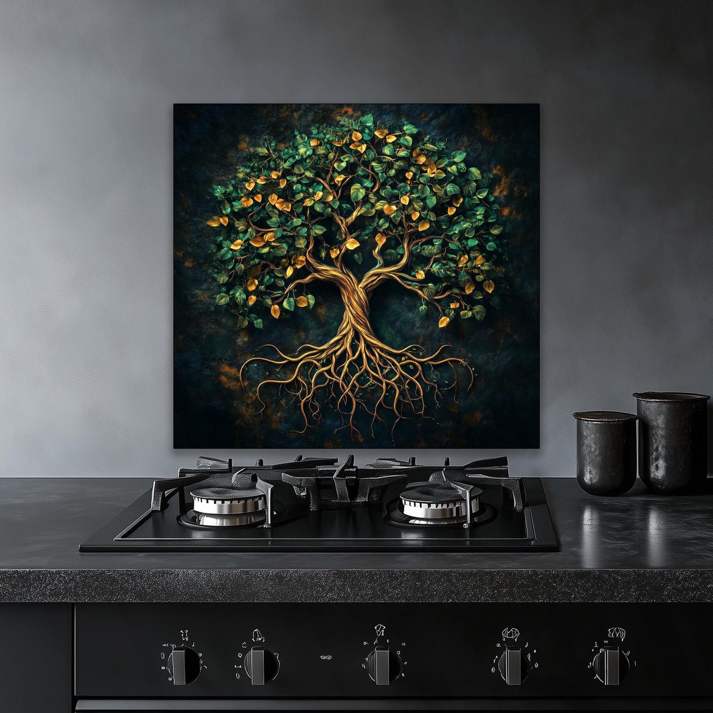 Green tree of life backsplash, tempered glass panel, kitchen wall art, heat-resistant splashback, easy to clean wall protector, modern kitchen accent, artistic backsplash, stove protector, elegant design