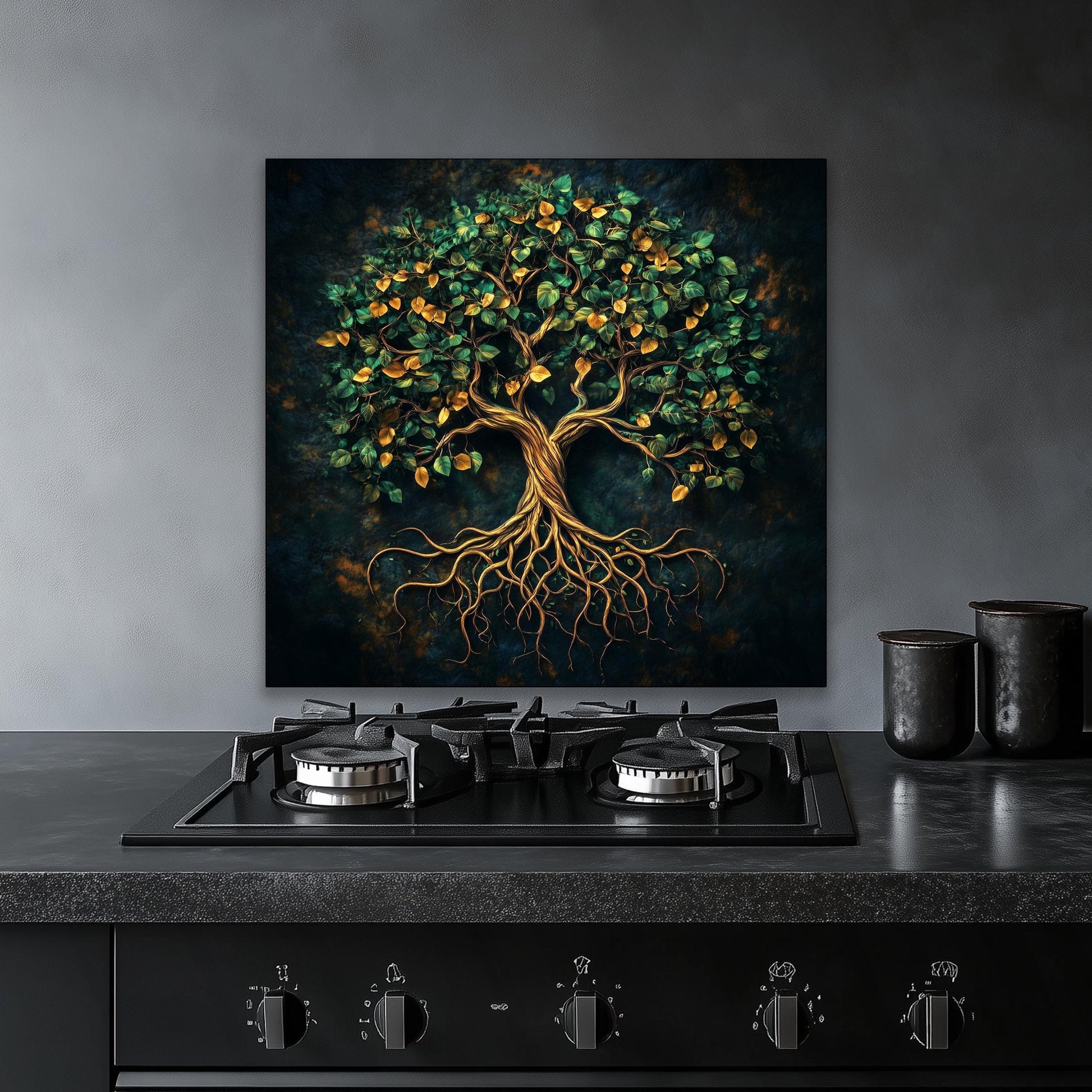 Green tree of life backsplash, tempered glass panel, kitchen wall art, heat-resistant splashback, easy to clean wall protector, modern kitchen accent, artistic backsplash, stove protector, elegant design
