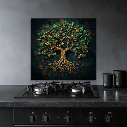Green tree of life backsplash, tempered glass panel, kitchen wall art, heat-resistant splashback, easy to clean wall protector, modern kitchen accent, artistic backsplash, stove protector, elegant design