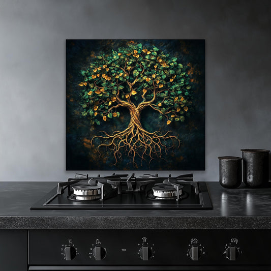 Green tree of life backsplash, tempered glass panel, kitchen wall art, heat-resistant splashback, easy to clean wall protector, modern kitchen accent, artistic backsplash, stove protector, elegant design