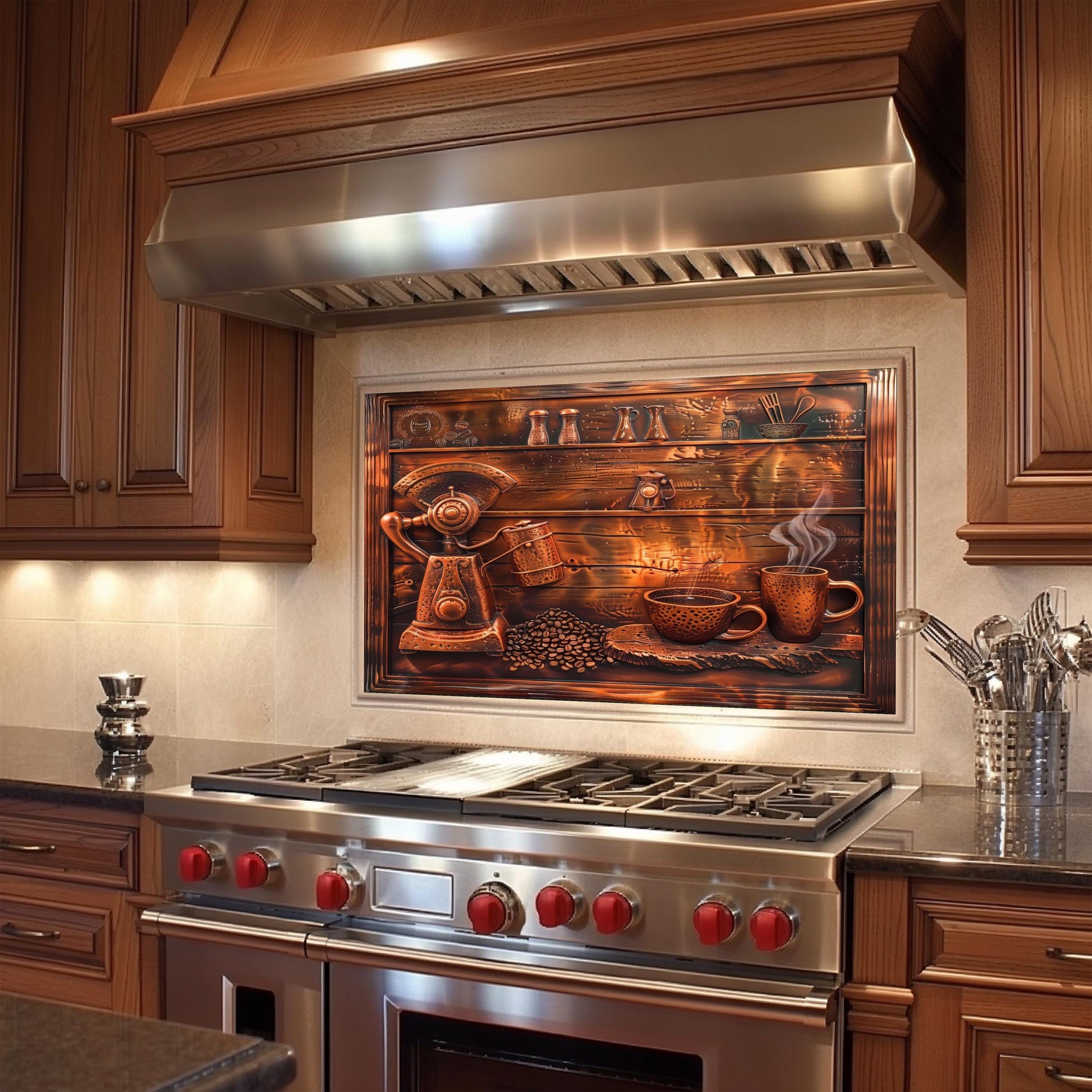 Coffee-themed backsplash, tempered glass panel, vintage kitchen wall art, heat-resistant splashback, easy to clean wall protector, modern kitchen accent, artistic backsplash, stove protector, rustic kitchen decor