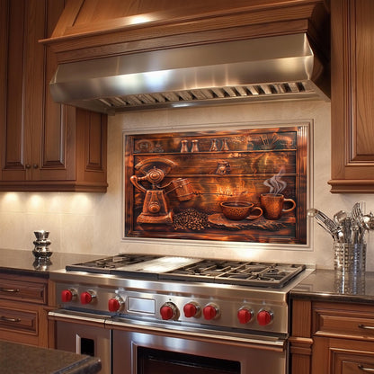 Coffee-themed backsplash, tempered glass panel, vintage kitchen wall art, heat-resistant splashback, easy to clean wall protector, modern kitchen accent, artistic backsplash, stove protector, rustic kitchen decor